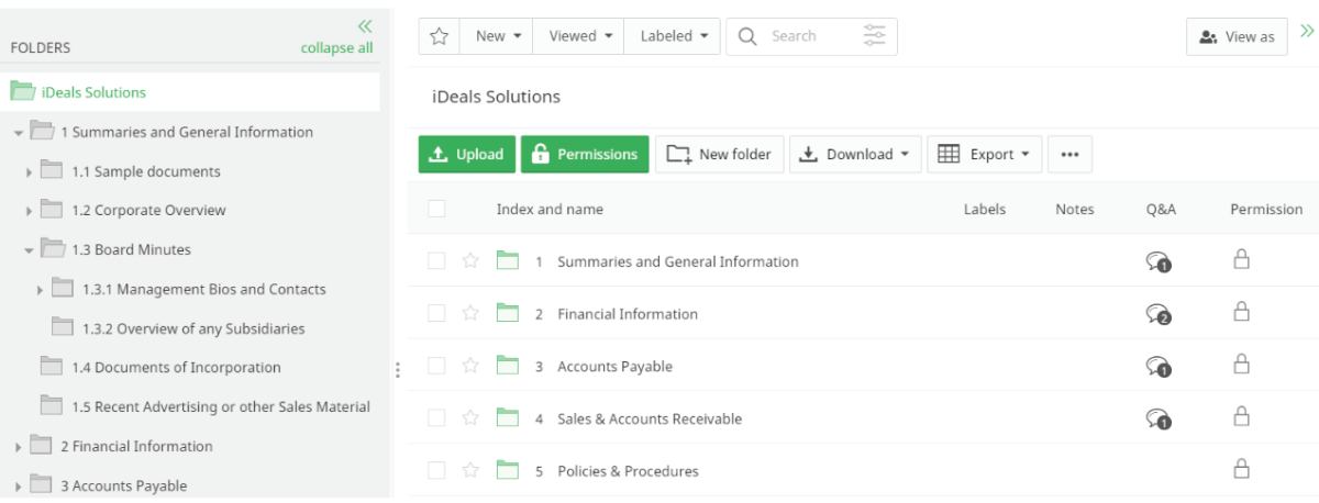 Screenshot from an iDeals virtual data room showing how files and folders are structured after activating the automatic index number feature.