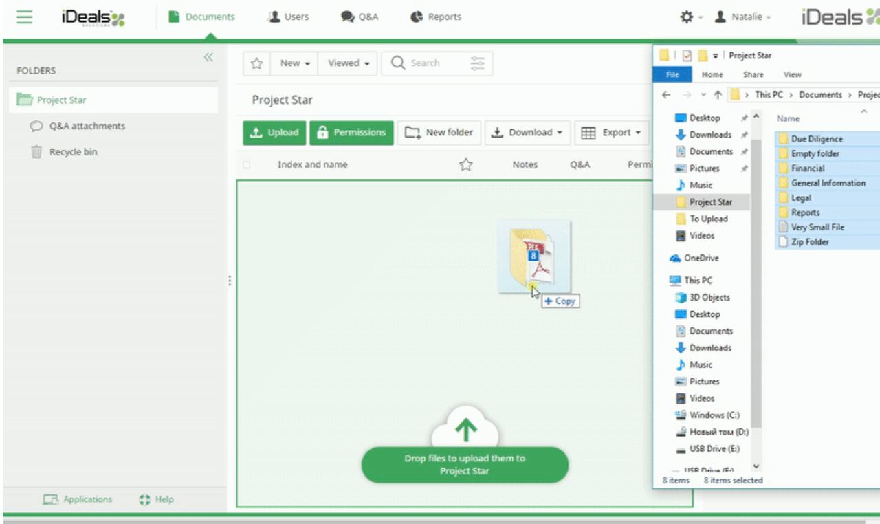 Screenshot from an iDeals virtual data room showing how to upload files into the data room via drag-n-drop feature