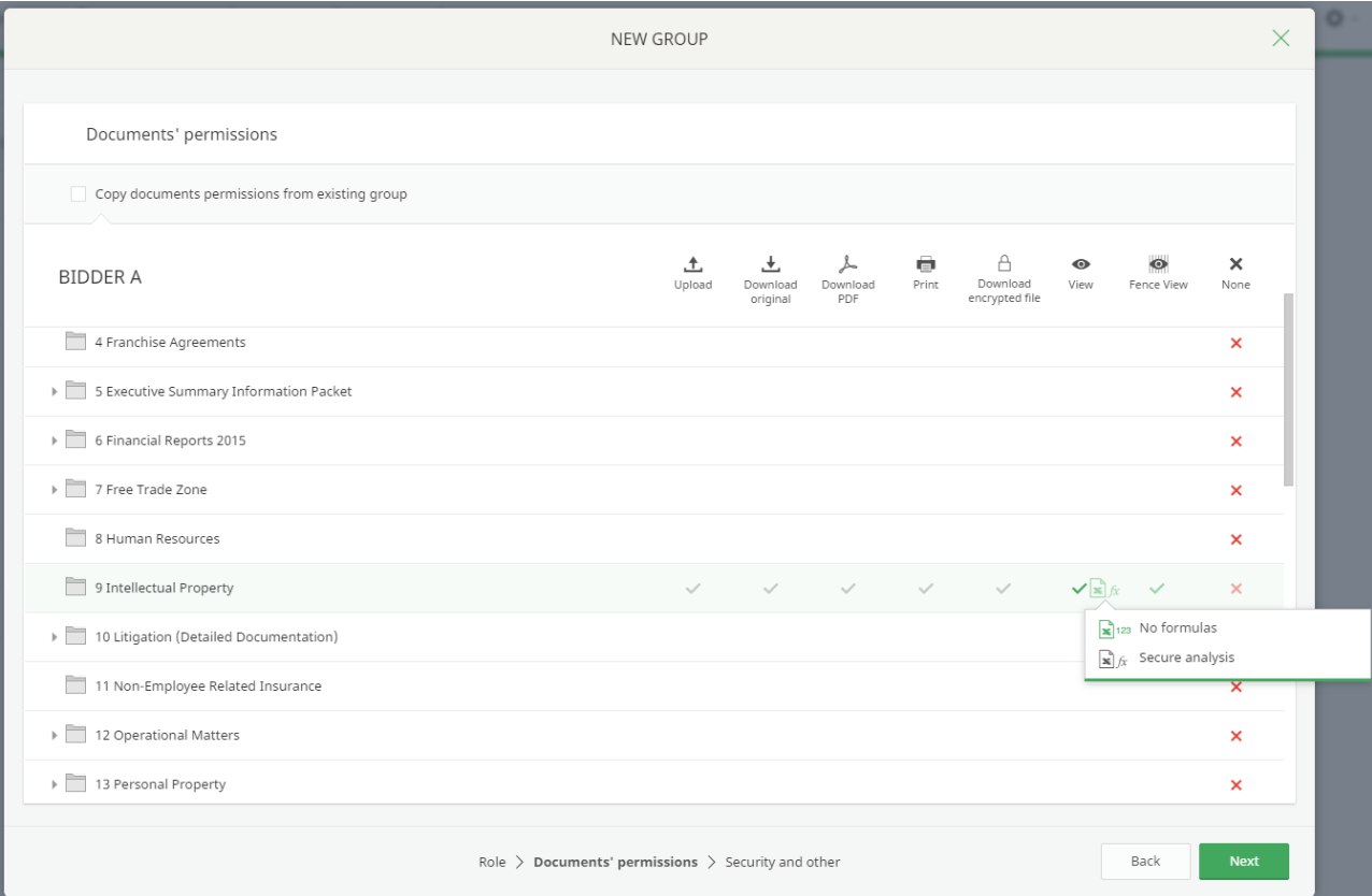 Screenshot from iDeals virtual data room showing how to set up access permissions to users groups