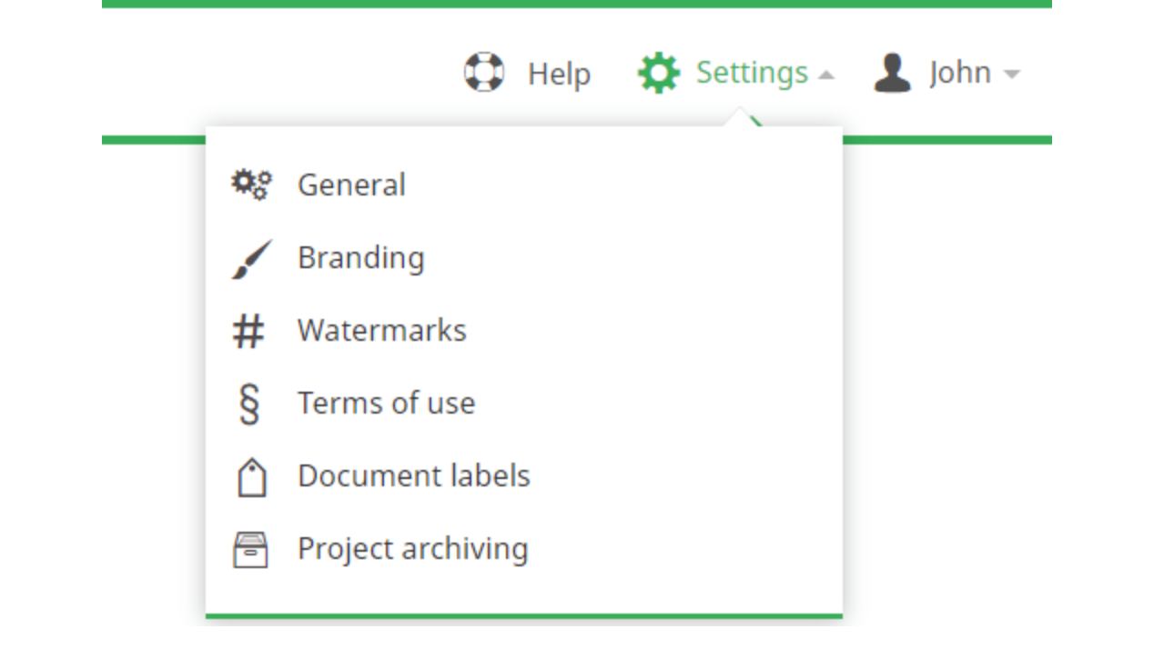 Screenshot from iDeals virtual data room with a list of data room settings such as general, branding, watermarks, terms of use, document labels, and project archiving.