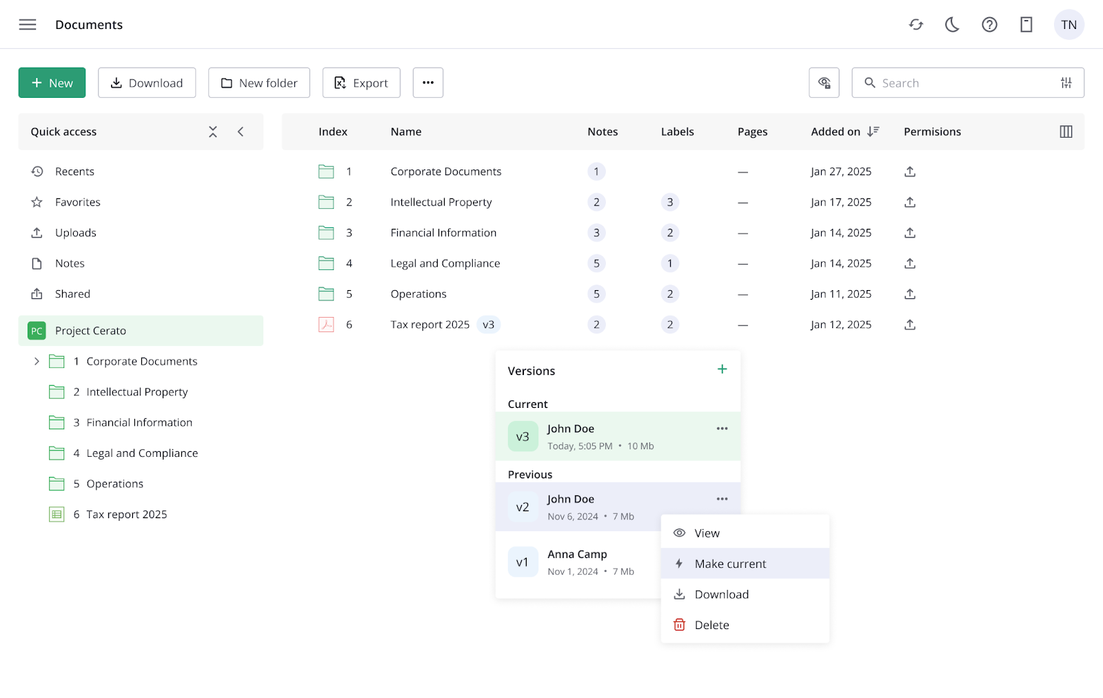 Track, restore, and control document versions